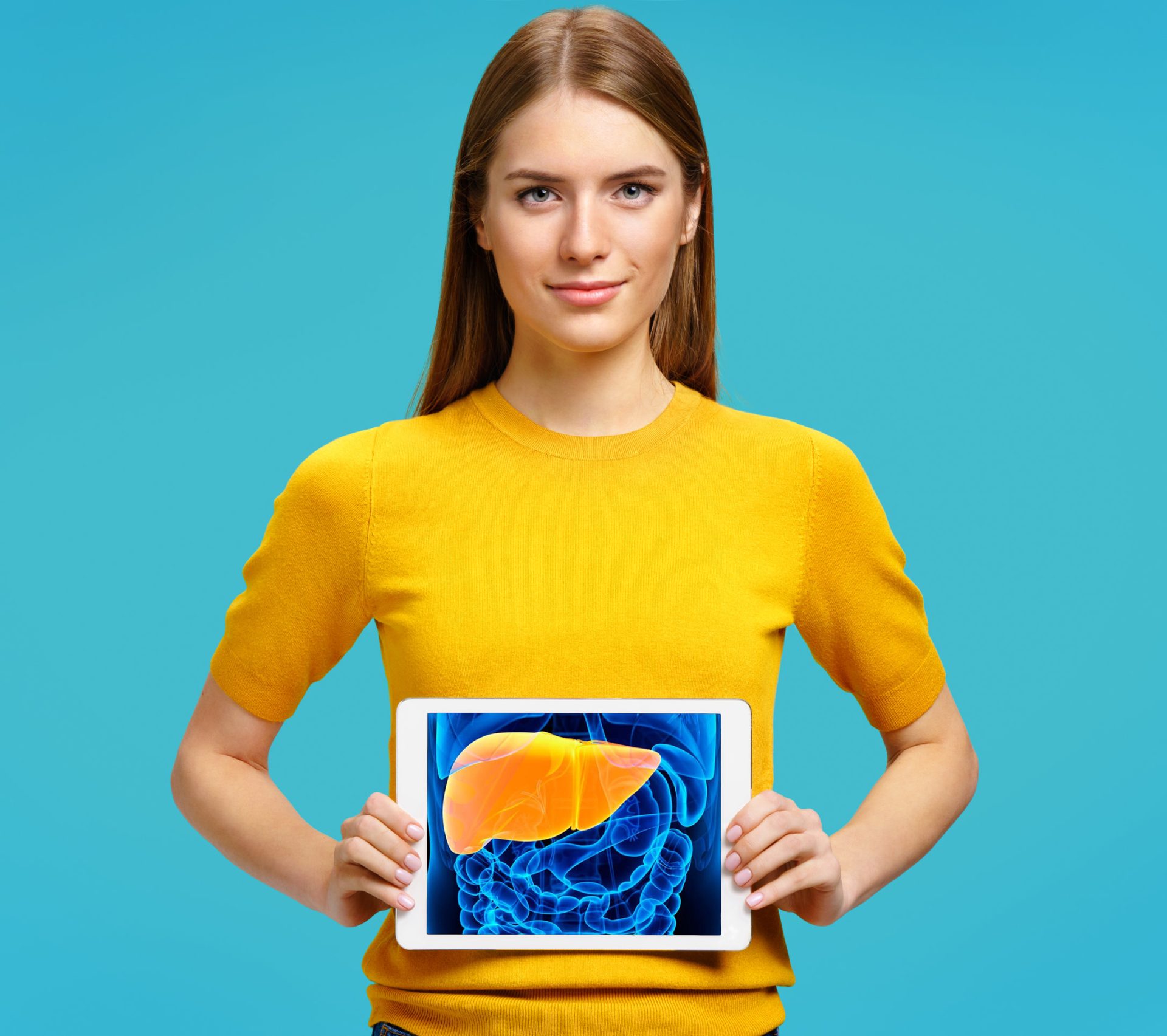Girl shows the x-ray image of the liver. Photo of young girl with tablet in her hands on blue background. Medical concept