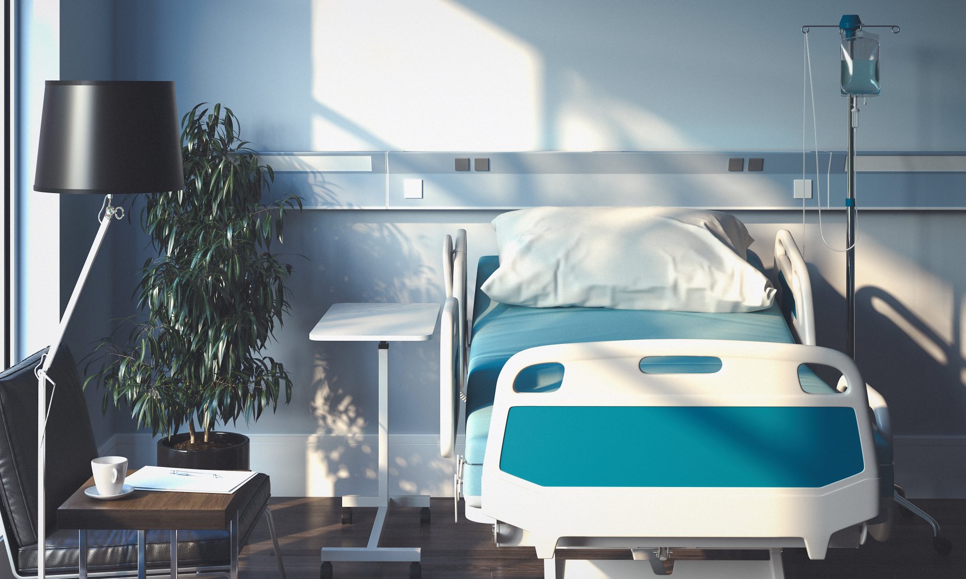 Recovery Room with bed and medical equipment n hospital. 3d rendering.