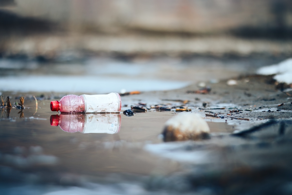 Abandoned empty pink plastic bottle garbage at the river bank conservancy pollution Elhagyott üres rózsaszín műanyag palack szemét a folyóparton természetvédelmi szennyezés